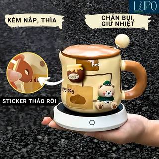 cốc uống nước, ly sứ có nắp, thìa, cốc gốm uống cafe, trà hình gấu, có thể tháo rời, làm quà tặng sinh nhật
