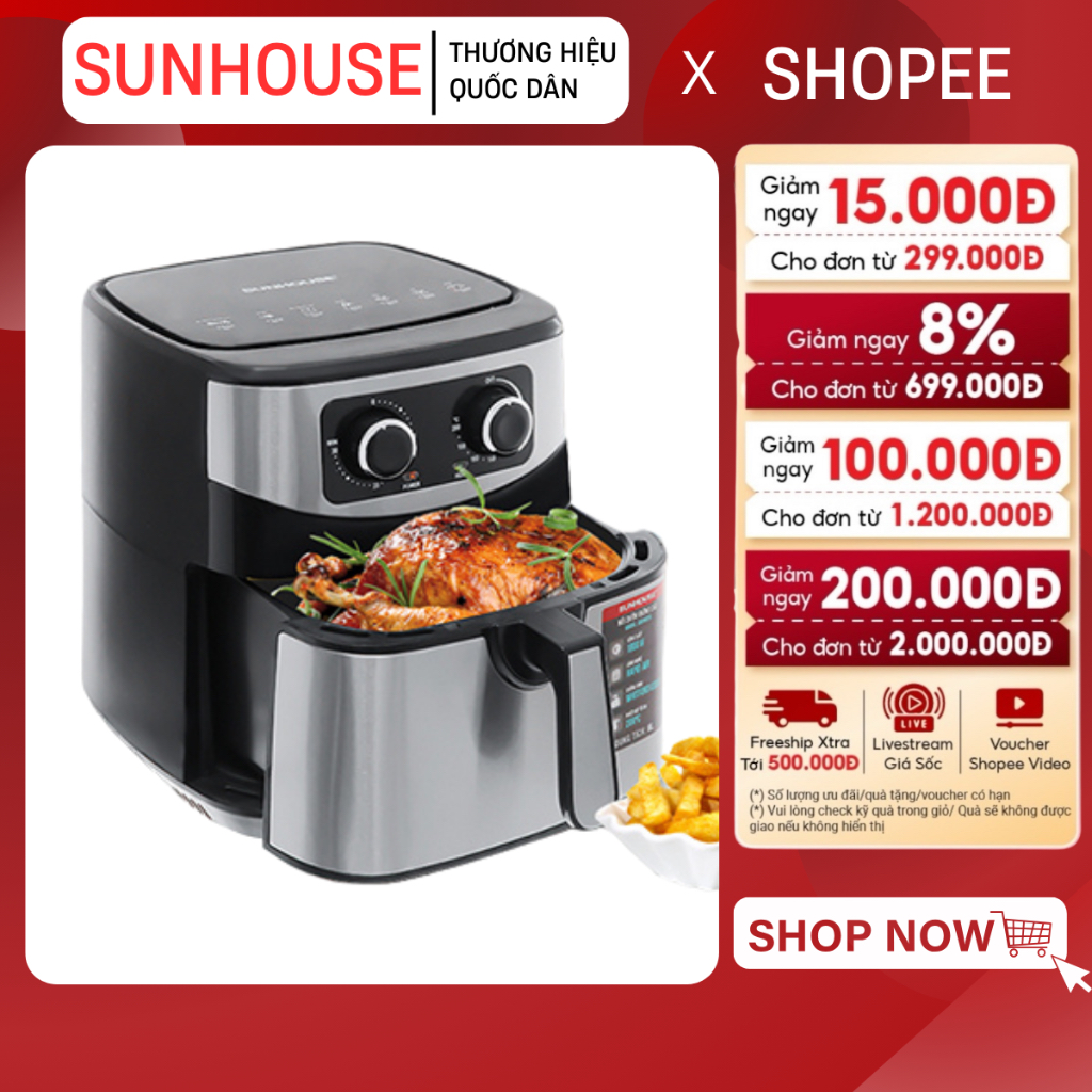 NỒI CHIÊN KHÔNG DẦU SUNHOUSE SHD4035 - Dung tích siêu lớn | Tự ngắt điện khi quá tải | BH 12 tháng