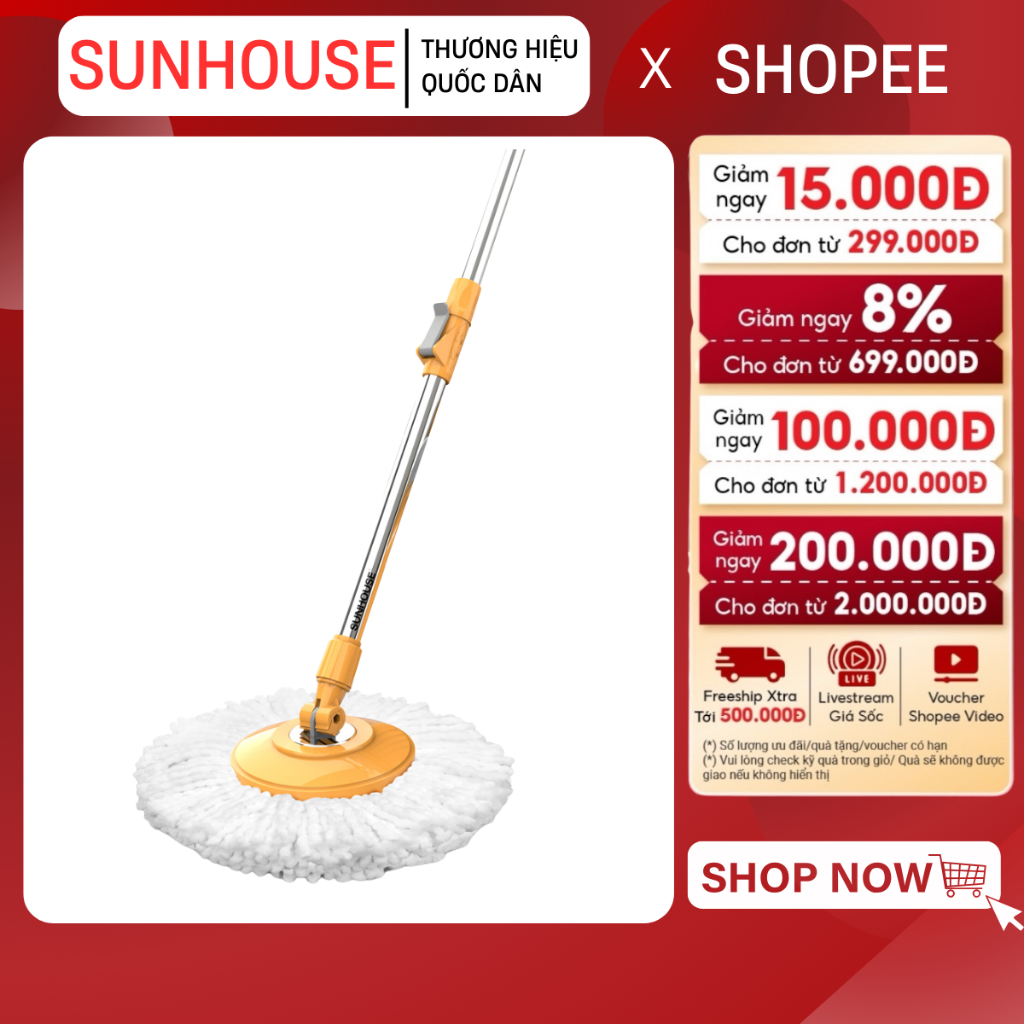CÂY LAU NHÀ XOAY 360 ĐỘ SUNHOUSE KS-MO350I - Cán bằng inox 201, Bông lau bằng sợi Microfiber