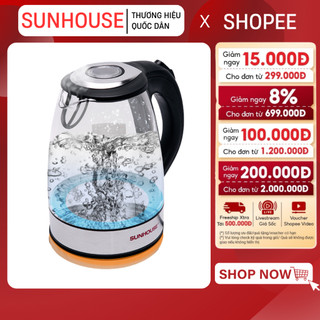 Ấm siêu tốc thủy tinh 1.7l sunhouse shd1217 - đèn led thông minh, màng lọc cặn nước