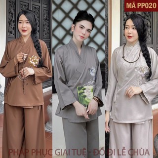Mã PP020_Pháp Phục Thanh Lịch Đi Lễ Chùa Dài Tay Cho Nữ, Chất Liệu Lụa Trượt Hàn Mềm Mại, Thêu Tay Phật Hoa Sen