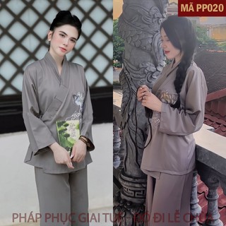 Mã PP020 Ghi_Pháp Phục Thanh Lịch Đi Chùa Dài Tay Cho Nữ, Chất Liệu Lụa Trượt Hàn, Họa Tiết Thêu Tay Phật Hoa Sen.