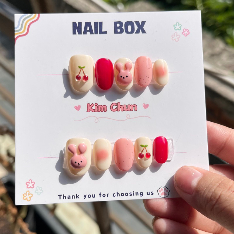 Nailbox nặn nổi thỏ và cherry form oval ngắn
