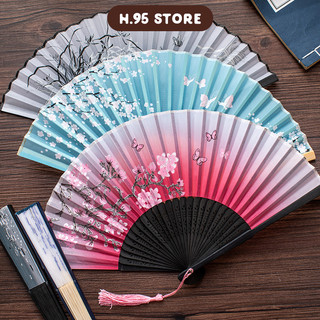Quạt cổ trang xếp vải lụa cầm tay nhỏ gọn phong cách Trung Quốc (dài 21cm)