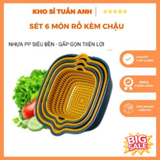 Set 6 món rổ kèm chậu bộ 3 rổ và chậu, thau nhựa rửa rau củ đựng hoa quả trái cây 2 lớp hình tròn chất liệu nhựa PP