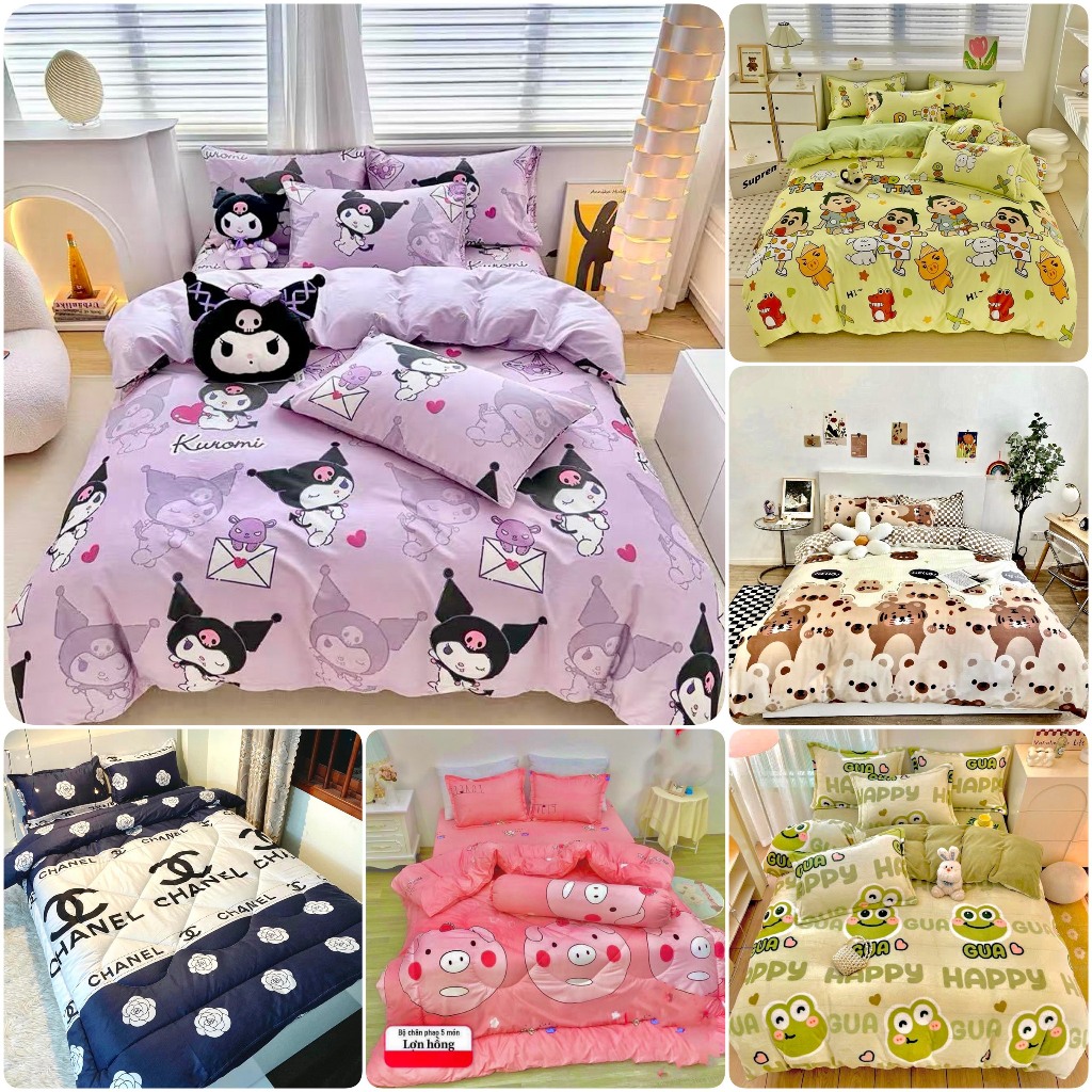 Bộ Chăn Phao 5 Món Cotton Chăn Sẵn Ruột Bông Pollyester Trắng tinh khiết, Chăn Ga Gối 5 Món Mẫu Xinh