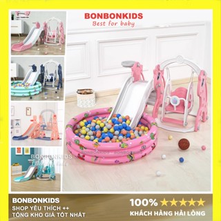 Bậc thang kín, Bộ cầu trượt xích đu PONY TO kèm phao bóng cho bé - Cầu trượt xích đu ô tô cho bé