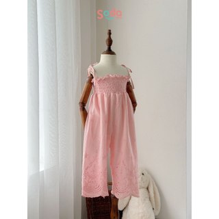 Jumpsuit viền bèo cho bé gái trơn hồng