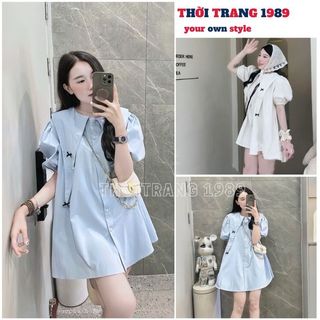 Đầm babydoll cổ nhọn đính nơ đen nhỏ xinh, váy suông tiểu thư cổ thuỷ thủ chất thô hàn - 1989
