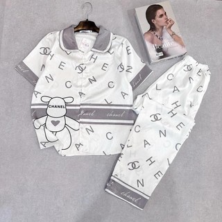 Bộ pijama lụa xước, mango cộc dài cao cấp