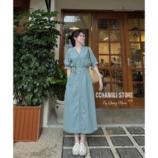 Váy Đầm Bigsize Đầm Jean Cổ V Thắt Đai Dáng Xòe Tiểu Thư Thiết Kế Đơn Giản Phong Cách Hàn Quốc, Hàng QC xịn Chuẩn From