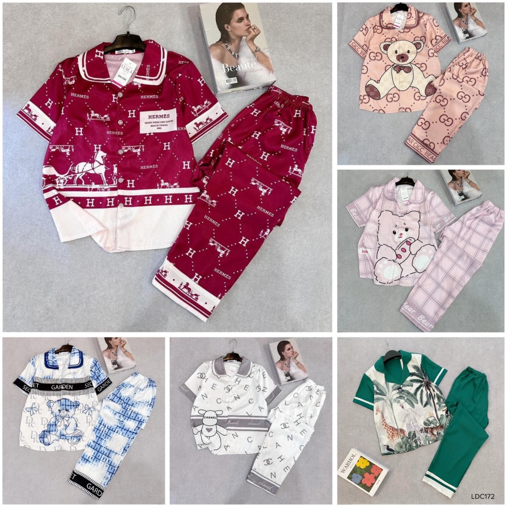 Bộ pijama lụa xước, mango cộc dài cao cấp