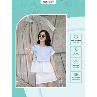 Áo Babydoll ODS phối thân trên xanh thêu hoa, đính nút, cổ tròn, tay ngắn đính nút, thân trong babydoll trắng - SIB57