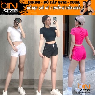 Bộ đồ tập gym yoga aerobic thể thao nữ áo thun croptop ngắn tay và quần đùi 2 lớp chất liệu thun poly BINSPORTS BN018