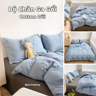 Bộ Chăn Ga Gối Cotton Đũi - Xanh Da Trời Phối Ghi Đậm - pisbedding