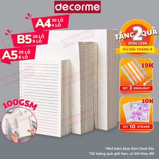 Giấy sổ còng Decorme giấy refill  ruột sổ còng A5 B5 A4 20 26 30 lỗ sổ còng giấy refill caro kẻ ngang nhiều lỗ