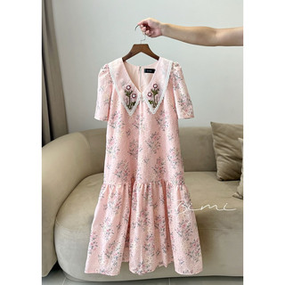 ĐẦM HỒNG CỔ THÊU HOA - BIMI