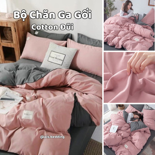 Bộ Chăn Ga Gối Cotton Đũi - Hồng Phối Ghi