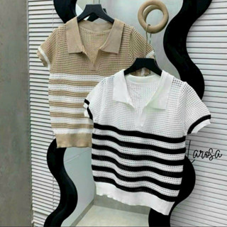 Áo polo len mongtoghi nữ ngắn tay cổ bẻ kiểu kẻ sọc ngang vải dệt kim thoáng khí mát mẻ phong cách ulzzang Hàn Quốc