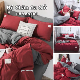 Bộ Chăn Ga Gối Cotton Đũi - Đỏ Phối Ghi - pisbedding