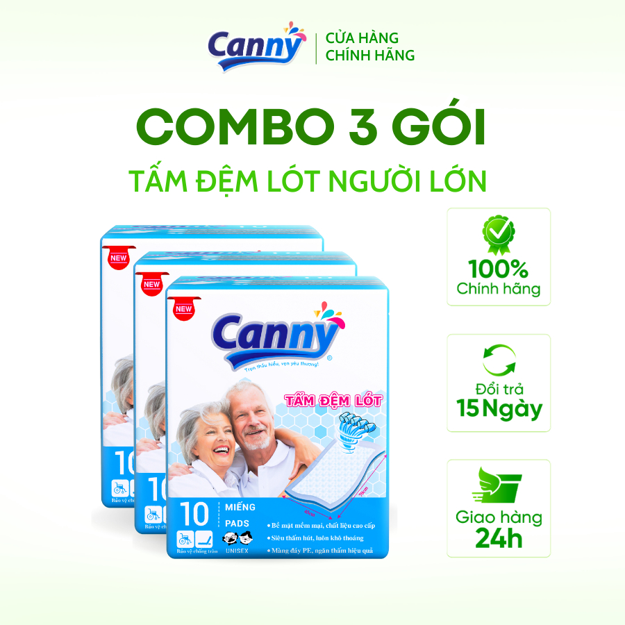 Combo 3 gói Tấm Đệm Lót Người Lớn CANNY Siêu Mềm Mại, Siêu Thấm, Kháng Khuẩn (10 miếng/gói)