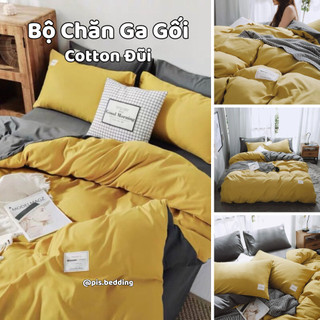 Bộ chăn ga gối cotton đũi - vàng phối ghi