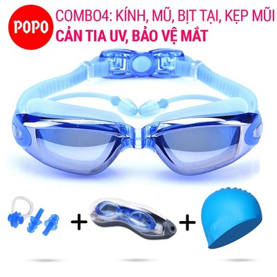 Kính bơi người lớn POPO 1940 kèm mũ bơi và bịt tai kẹp mũi cho nam nữ và trẻ em
