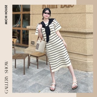 Đầm Suông Len Mongtoghi MICHI House Váy Xuông Dáng Dài Kẻ Sọc Cổ Nơ Freesize K159