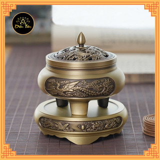 Lư đồng xông trầm hương, lư đốt trầm hương đồng nguyên khối tặng hồ lô đồng và lót chống cháy nhang