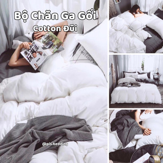 Bộ Chăn Ga Gối Cotton Đũi - Trắng Phối Ghi