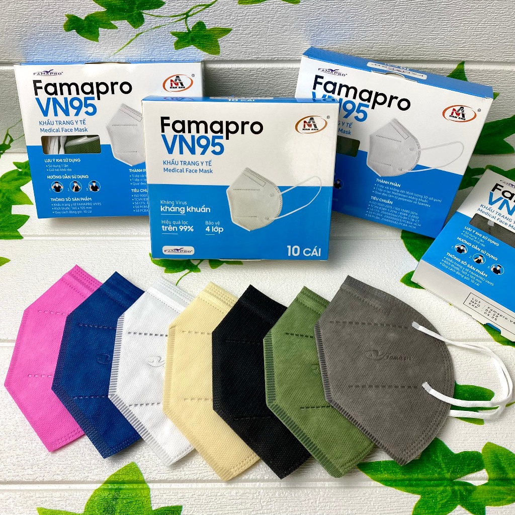 Khẩu Trang Nam Anh Vn95 Famapro Kháng Khuẩn 10 Cái/ Hộp Màu Trắng / Xanh / Xám / Rêu / Đen / Vàng Nhạt / Hồng