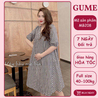 Váy bầu bigsize đầm bầu thiết kế GuMe màu Caro Đen Cổ V Sườn Thiên Tay Bo MB208