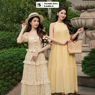 Đầm nữ Twentyfive maxi dáng dài 3 tầng bèo cổ vuông họa tiết hoa nhí DH28