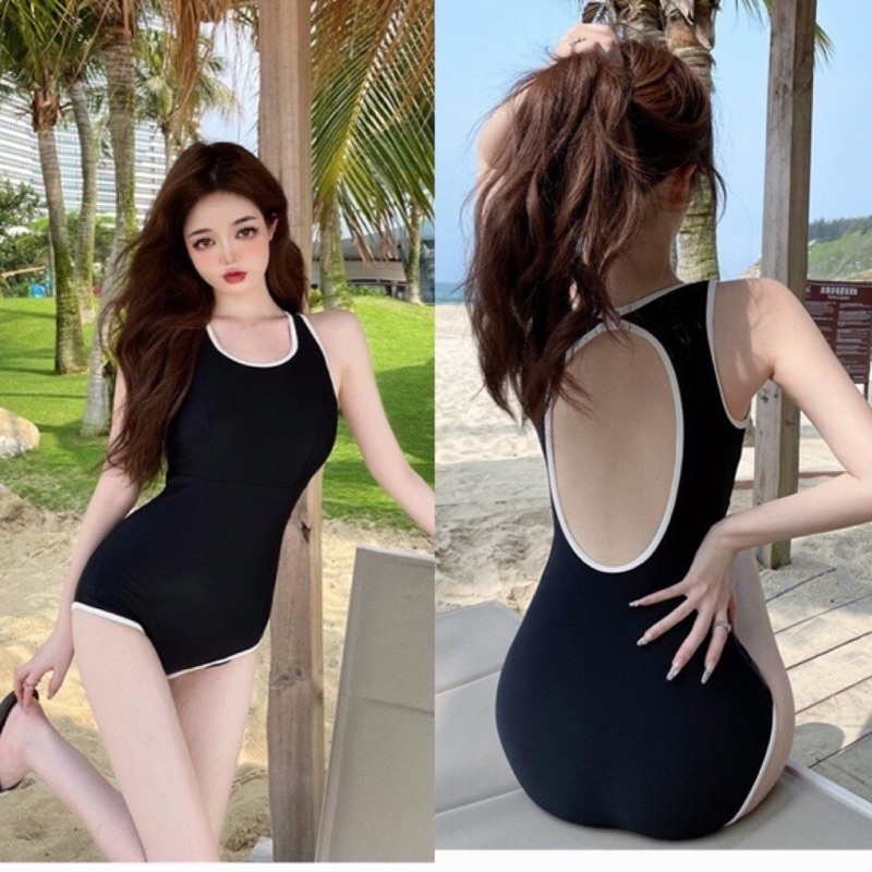 Bikini 1 mảnh màu đen che khuyết điểm, Đồ bơi nữ liền mảnh cài khóa sau khoét lưng màu đen viền trắng - Mã SW04 SW05 | BigBuy360 - bigbuy360.vn
