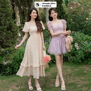 Đầm maxi nữ Twentyfive 2 tầng cổ vuông tay bồng họa tiết hoa nhí DL14