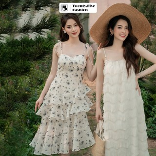 Đầm hai dây nữ Twentyfive dáng midi 3 tầng xòe cúp ngực họa tiết hoa nhí DL15
