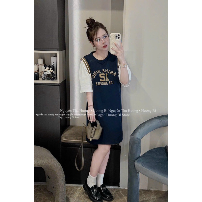 Váy thun suông đen phối cổ