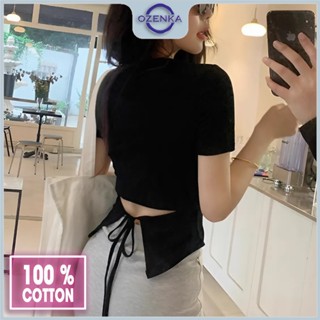 Áo baby tee cotton kiểu vạt bầu hở lưng cộc tay nữ Ozenka , áo thun dáng ngắn cổ tròn basic mặc hàng ngày đen trắng