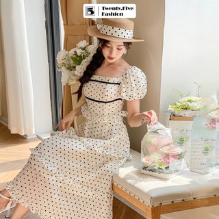 Đầm nữ Twentyfive dáng dài tiểu thư tay bồng 3 tầng xòe, họa tiết nơ nhỏ DQ30