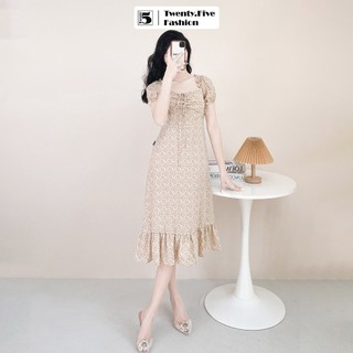 Đầm nữ Twentyfive midi dáng dài đuôi cá nhún ngực họa tiết hoa nhí SD108