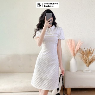 Đầm nữ Twentyfive dáng midi tay ngắn phối ren ngực cổ sơ mi vải xốp caro SD156