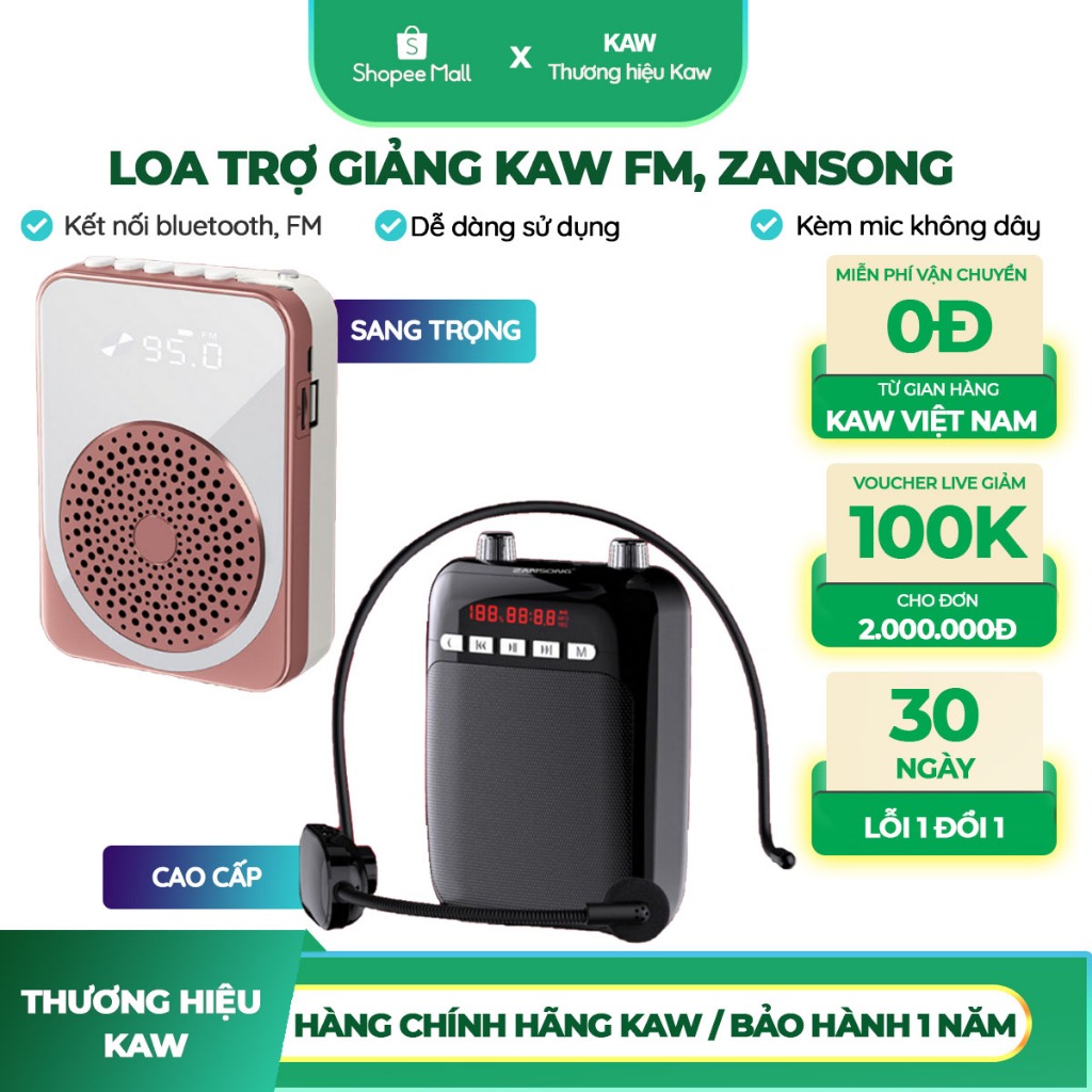 Máy Trợ Giảng KAW FM Không Dây Pin 4400MAH, Bộ Loa Mic Trợ Giảng Giáo Viên, Kết Nối Bluetooth 5.0