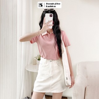 Áo thun nữ Twentyfive ngắn tay cổ polo, phối sọc cổ TQ10