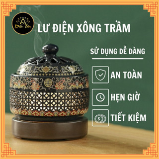Lư điên lư xông trầm hương, tinh dầu bằng điện có đèn gốm hoa văn cao cấp dùng để xông trầm hương các loại