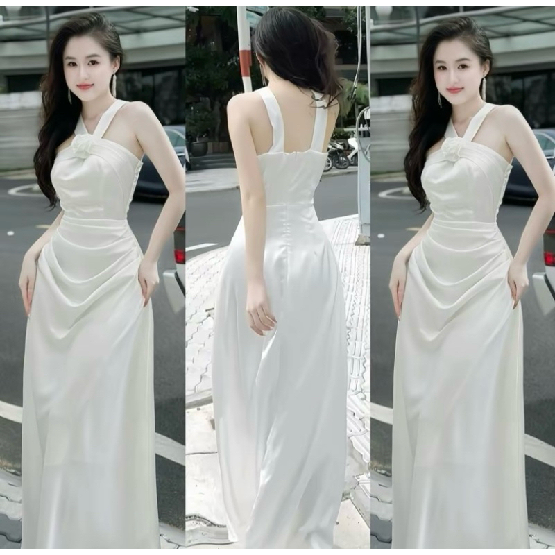 M138-Váy LỤA Dự Tiệc ĐÍNH HOA HỒNG CỔ YẾM XẾP LY ĐỔ NHẸ NHÀNG Dáng Dài HAI Dây