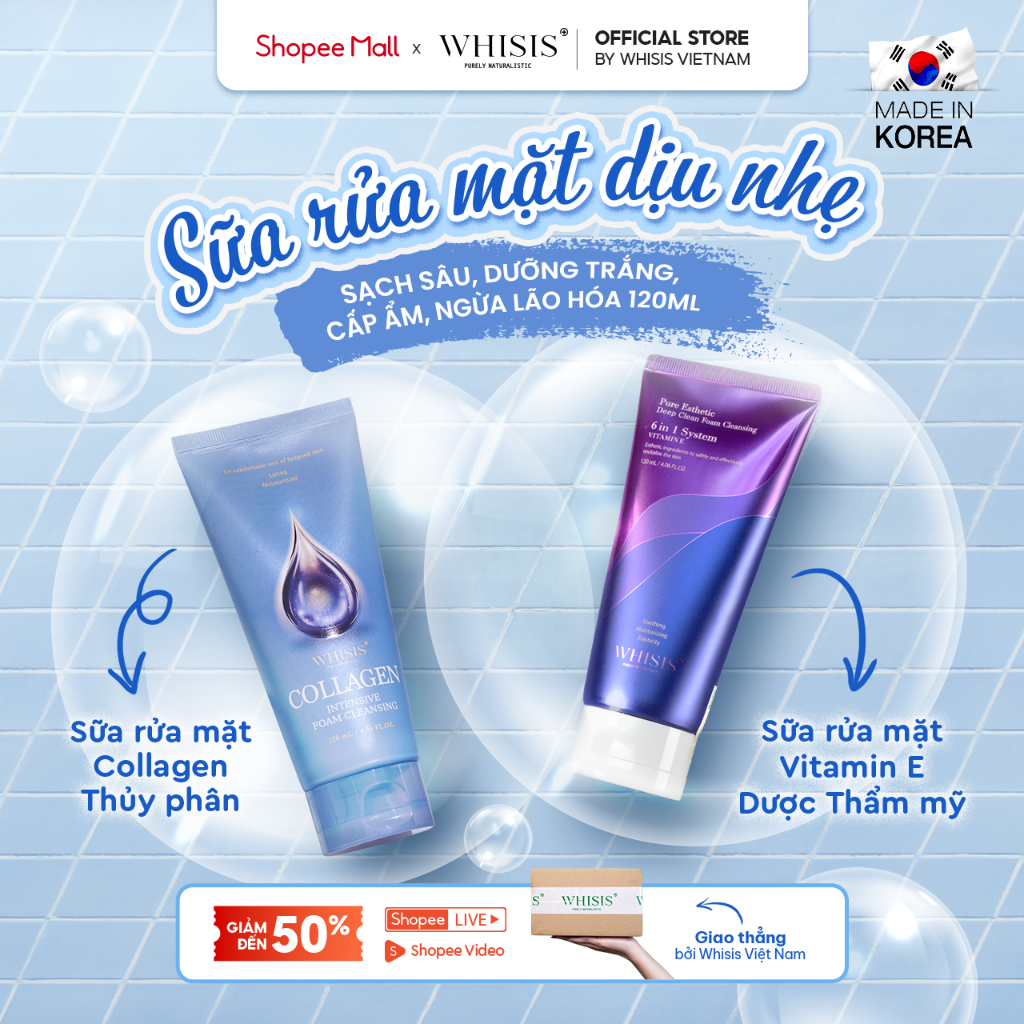 Sữa Rửa Mặt Dịu Nhẹ Hàn Quốc Whisis Dưỡng Ẩm Kiềm Dầu Trắng Da Dành Cho Mọi Loại Da 120Ml