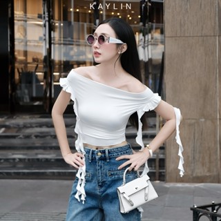 Áo kiểu KAYLIN trễ vai phối bèo tay tua rua chất vải thun lụa co giản phong cách - N2287