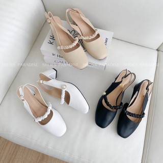 (Form nhỏ nhích lên 1 size) Giày cao gót đế vuông nữ mũi vuông cao 5cm đẹp xinh màu đen trắng kem  Shoes Paradise L060