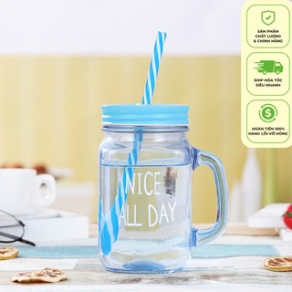 Cốc thuỷ tinh có quai cầm kèm nắp đậy in màu dễ thương dung tích 480ml