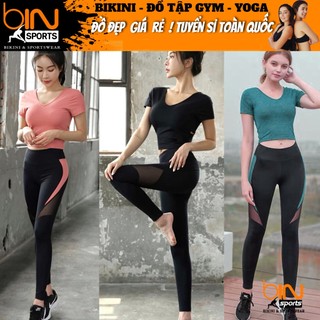 Bộ đồ tập gym yoga aerobic thể thao nữ áo bra kèm mút và quần dài phối lưới chất liệu thun poly BINSPORTS BD107